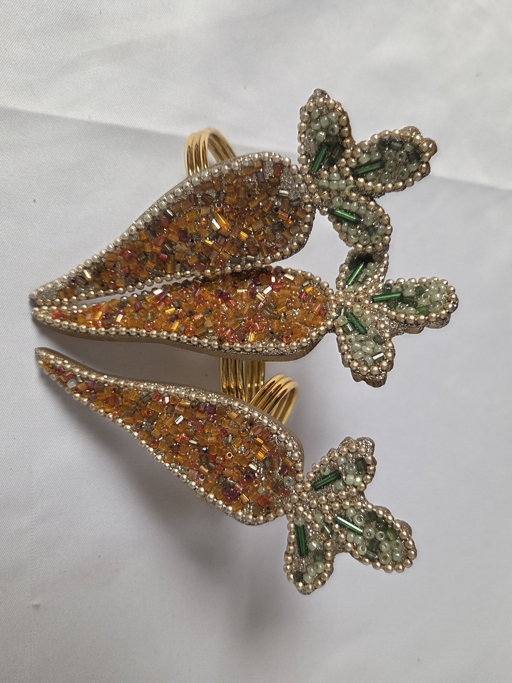 x3 Shabby Chic Easter‎ Beaded Carrots Napkin Ring Set Garden Green Orange Gold